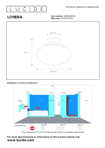 Lucide LORENA - Plafonnier Salle de bains - Ø 23 cm - 1xE27 - IP44 - Opalin - TECHNISCH